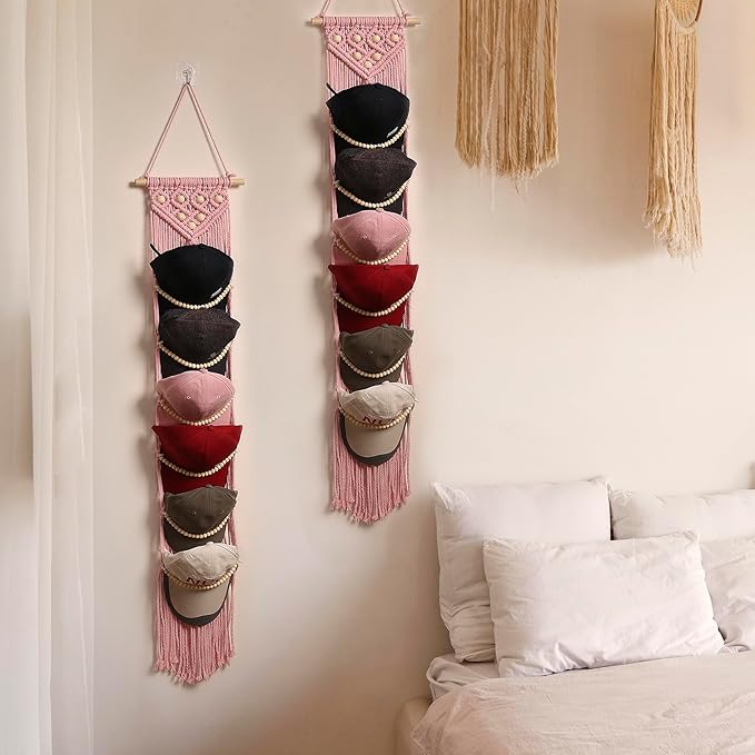 Ball Cap Hanger-1 Pack-Boho Macrame Cap Holder Wall Hat Organizer for Baseball Cap Holder Over Door, Hat Rack for Wall, Cap Rack for Decoration and Display(Pink)