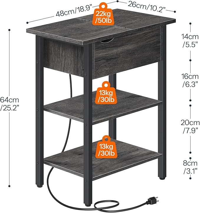 HOOBRO End Table with Charging Station, Narrow Side Table, Flip Top Nightstand with USB Ports and Outlets, Bedside Tables with Shelf for Small Spaces, Living Room, Charcoal Black BC341BZ01