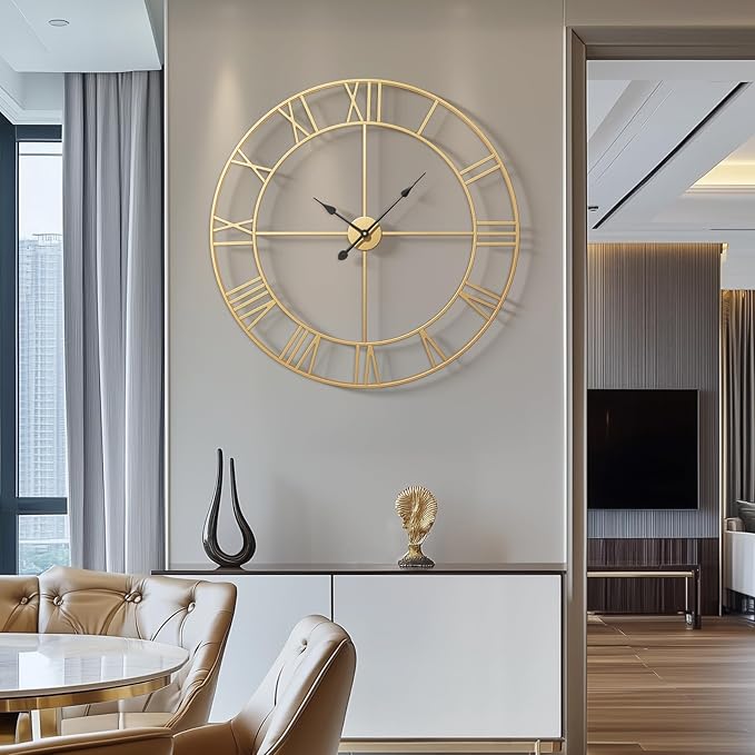 Wall Clock, Large 36 Inch Gold Decorative Wall Clock for Living Room Decor, Modern Metal Roman Numeral Battery-Operated for Dinning Room, Home, Office, Kitchen, Mantel