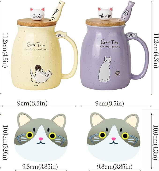 SHENDONG 2 Pack Cute Ceramic Coffee Cups Set of 2 with Kawaii Bamboo Lid and Spoon Novelty Morning Cup Coffee Milk Tea Mugs - 3D Animal Cat Mugs for Cat Lovers Women Gifts (Purple and Yellow)
