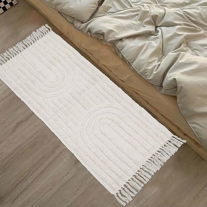 LEEVAN Boho Kitchen Runner Rug 2'x4' Cotton BlendLaundry Room Beige Rainbow with Tassels Washable Farmhouse Bathroom Bohemian Rugs for Bedroom Hallway Throw Runner Rug/Kitchen Sink