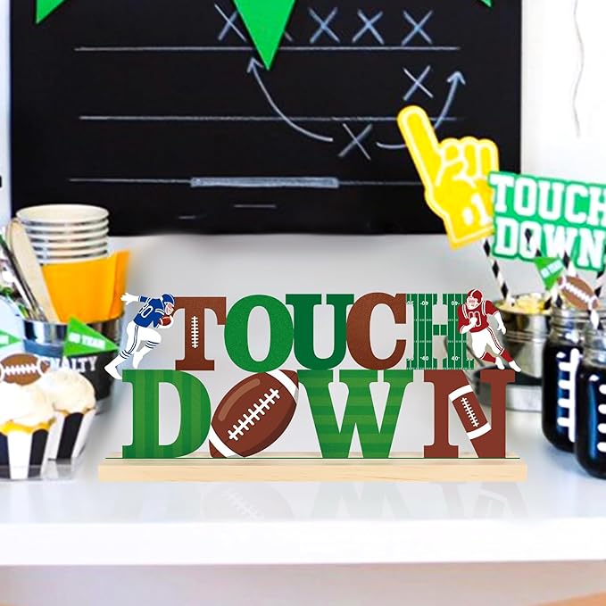COCHIE Metal Football Touch Down Sign, Green Super Football Bowl Game Party Decorations for Home, Office, Shelf, Mantel, Indoor, Touch Down Table Toppers Decor (Superbowl)