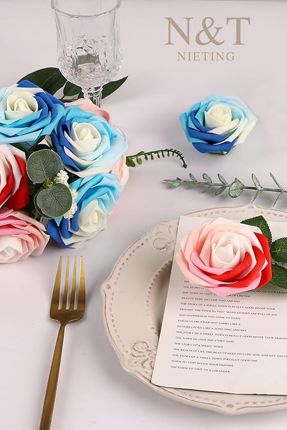 N&T NIETING Artificial Flowers Roses, 25Pcs Whimsical Blue Fake Foam Roses with Stems for DIY Wedding Bouquets Baby Shower Centerpieces Floral Arrangements Party Home Decor