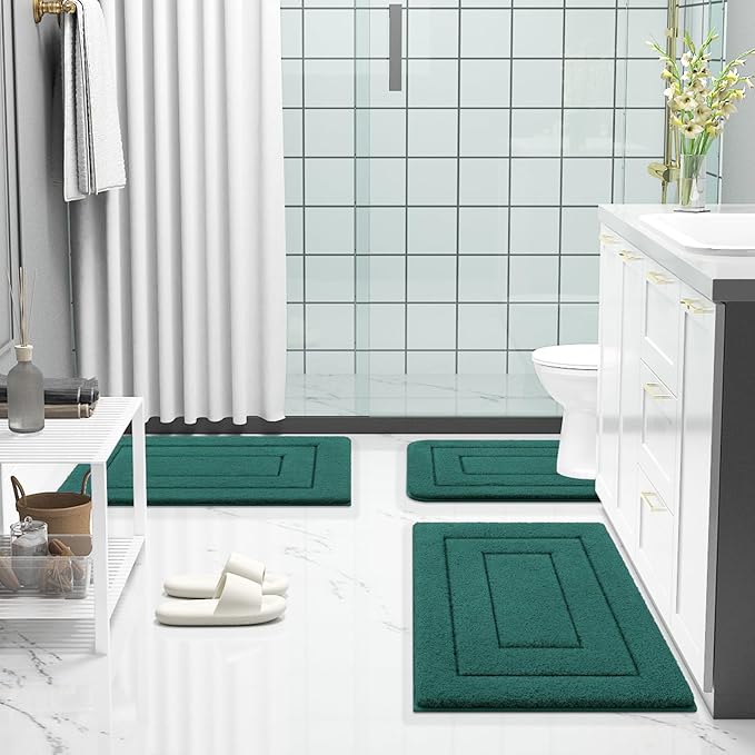 Buganda Bathroom Rugs, 30" x 20", Soft and Absorbent Microfiber Bath Rugs, Non-Slip Shaggy Shower Carpet, Machine Wash Dry Bath Mats for Bathroom Floor, Tub and Shower, Dark Green