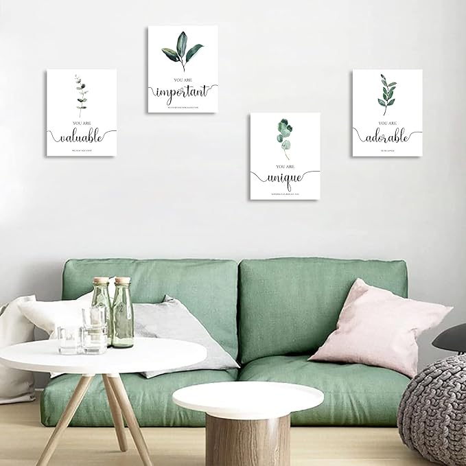 FRAMED Motivational Wall Art, Inspirational Quote Wall Art, Boho Botanical Leaf Wall Decor, Office Study Living Room Bedroom Decor, Set of 4, 8x10 inch (20x25 cm)