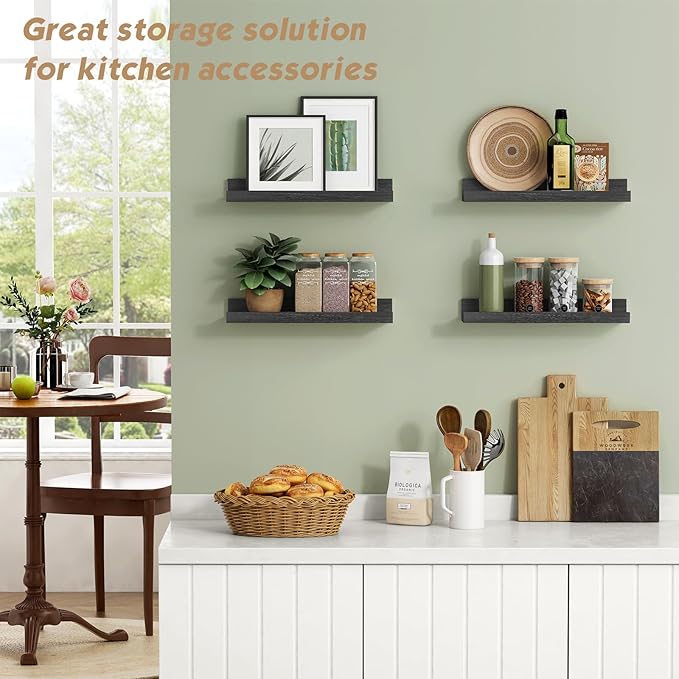 Forbena Corner Floating Shelves for Wall with Lip Set of 4, Black Small Wood Picture Ledge Shelf for Living Room Bedroom Bathroom Nursery Books, Repisas Flotantes de Pared para Cuarto Sala Baño Negro