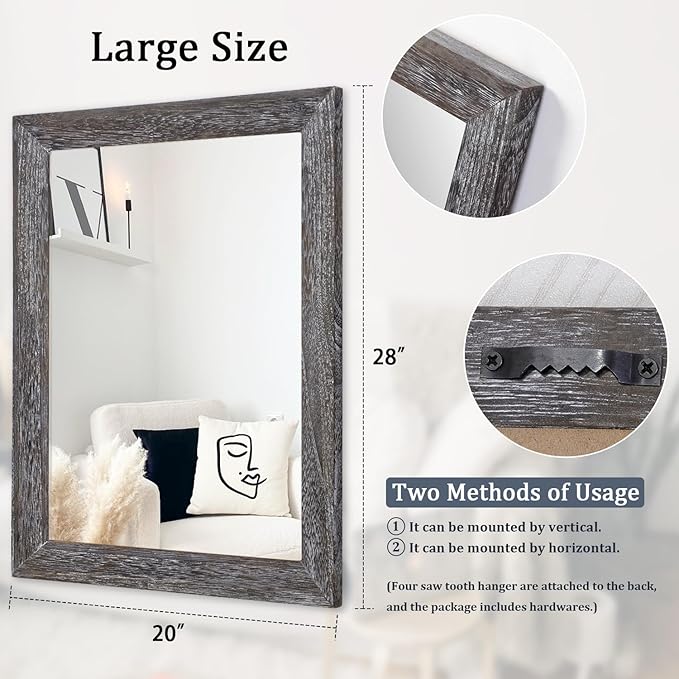 AAZZKANG Wall Mirror with Rectangle Wood Frame Large 28"x20" Rustic Decorative Hanging Mirrors for Bedroom Bathroom Living Room Home Office