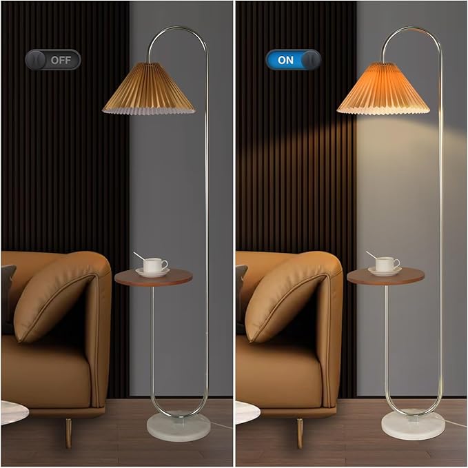 beaysyty Modern Elegant with Tray Floor Lamp for Office Cafe Den Living Room Bedroom, Foot Switch and Chrome Finish, Orange Pleated Cloth Lampshade