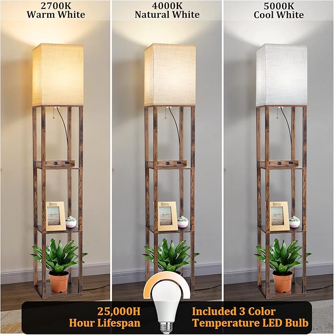 Dott Arts Floor Lamp with Shelves, Shelf Lamp with Wireless Charger & USB A+C Ports & 2 AC Outlets,3 Color Temperature Corner Tall Standing Floor Lamps for Living Room, Bedroom, Office (Brown)