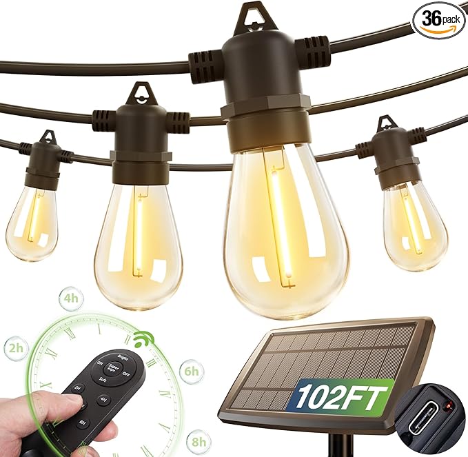 addlon 102FT(96+6) Solar String Lights Outdoor Waterproof with USB Charging & Remote Control - Dimmable Solar Power Patio Lights with LED Bulbs for Porch, Garden, Yard, Market, Bistro - Lasts 20+ Hrs