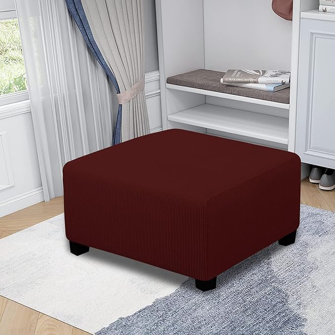 Easy-Going Stretch Ottoman Cover Folding Storage Stool Furniture Protector Soft slipcover with Elastic Bottom (Medium,Wine)