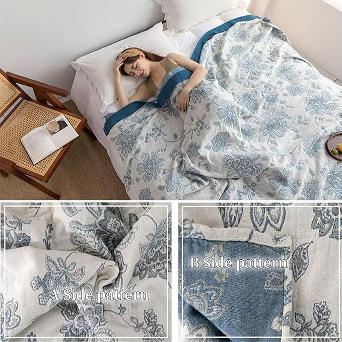Boho Muslin Throw BlanketsQueen Size for Bed, Ultra Woven Cotton Throw Blankets for Farmhouse,Picnic,Travel, Lightweight Reversible Fall Blankets Cotton Home Docor Throw Blankets 80"x90"
