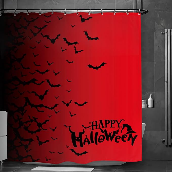 Halloween Bat Shower Curtain 60Wx72L Inch Black Red Horror Scary Spooky Ombre Holiday Bathroom Set Accessories Decor with 12 Pack Hooks