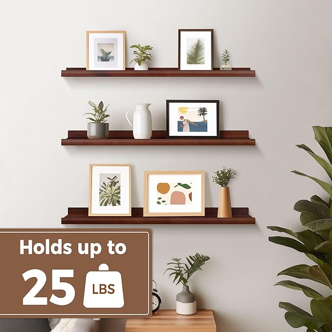 Annecy Floating Shelves Set of 3, 36 Inch Dark Walnut Solid Wood Shelves for Wall, Wall Storage Shelves with Lip Design for Bedroom, Bathroom, Kitchen, Office, 3 Different Sizes