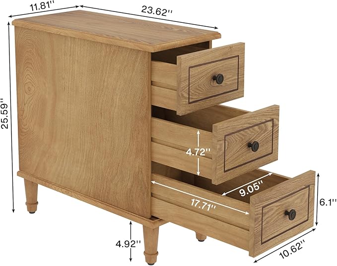 Tribesigns Solid Wood End Table, Fully Assembled Narrow Side Table with Drawers, Pre-Assembled Nightstand Slim Bedside Table for Small Spaces, Living Room, Bedroom, Wood Color, 2 Pcs