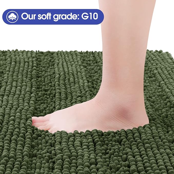 ACCUMTEK Striped Oliver Green Bathroom Rug Set 3 Pieces Ultra Soft, Non Slip Chenille Toilet Mat, Absorbent Plush Shaggy Bath Mats for Bathroom, Bedroom, Kitchen