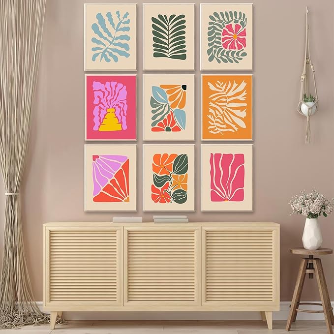 Abstract Botanical Prints Set of 9, Colorful Eclectic Gallery Wall Art Wavy Flower Floral Plant Wall Decor, Aesthetic Bedroom Decor Canvas Artwork Painting, Maximalist Art Prints & Posters for Boho