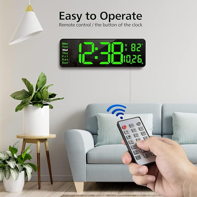 Zgrmbo 16-inch Digital Wall Clock with Remote Control, Large Display Digital Clock with Date, Indoor Temp, Week, 12/24H, Auto Dimming, A Wall Clock Suitable for Living Room, Warehouse, Shop, Gym