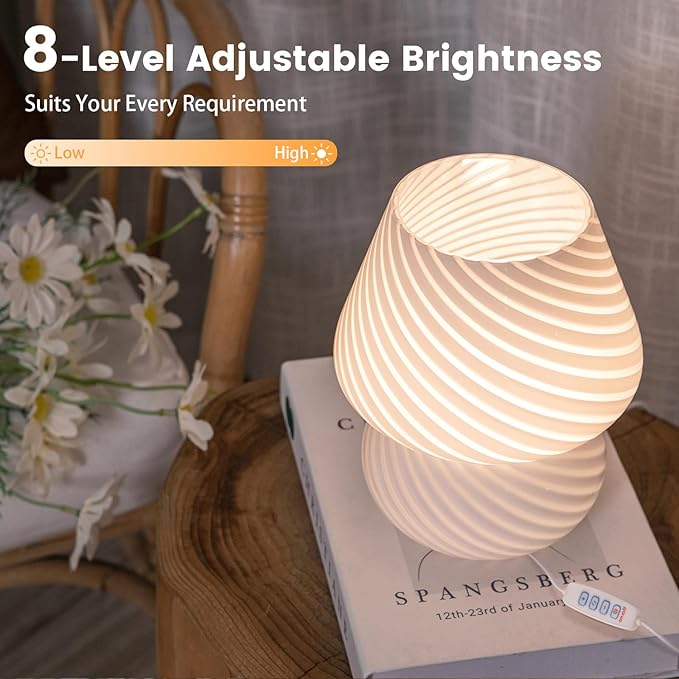 USB Plug-in Mushroom Lamp Small Bedside Table Lamp with 3 Temperature LED Bulb,Free Dimming Nights Light for Bedroom/Living Room/Entryway/Corner Decor (Stripe White)