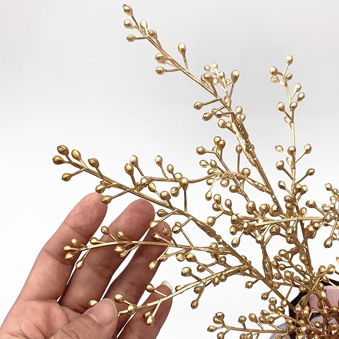 Artificial Golden Berry Stem Decor, Faux Glitter Flowers Stems Branches Plants Fake Berries Sticks Plant for Indoor Wedding Bouquet Party Wreath Crafts Gift Christmas Tree DIY Decoration - Gold 6 Pcs