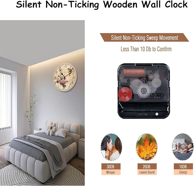 Catuy 12 Inch Wood Wall Clock Silent Non-Ticking Wall Clocks for Office,Bathroom,Living Room,Dining Room,Kitchen Decoration, Flowers/Birds Style Round Hanging Clock