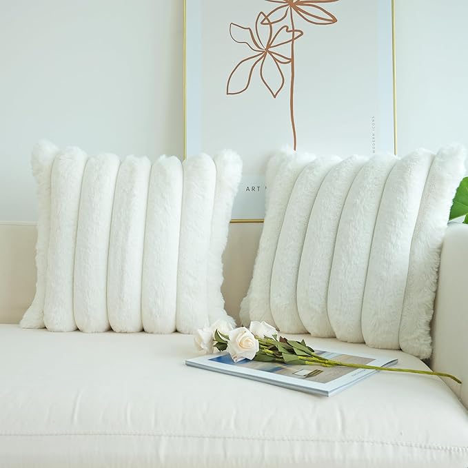 JOJUSIS Pack of 2 Faux Fur Plush Decorative Throw Pillow Covers Couch Cushion Case Soft Fluffy Pillowcases Wide Stripe (White, 22 x 22 Inch)