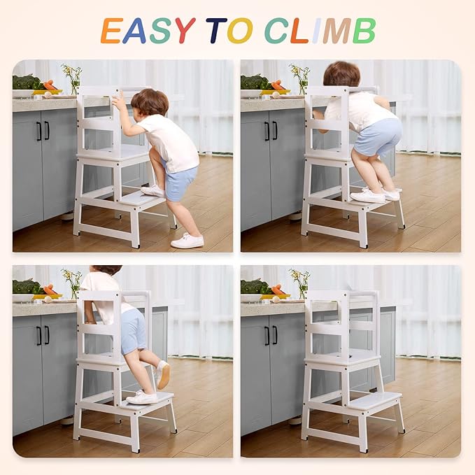 Kids Kitchen Step Stool with Chalkboard & Safety Rail for Toddlers 18 Months and Older, Safety Anti-Slip Protection, Removable Step Stool for Adult Use, White