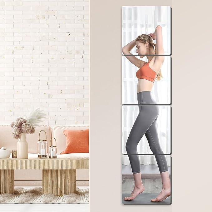SUNQUEEN 12" x 12" Glass Mirror Tiles for Wall – Frameless Full Length Mirror Wall Mounted, Full Body Mirrors for Bedroom Home Gym Door & Bathroom (4-Pack)
