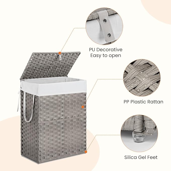 Sweetcrispy Foldable Laundry Hamper–Large Capacity Clothes Basket with Lid, 23.8 Gallon (90L) Bin for Bedroom, Bathroom, and Wash Room–Double Insert Storage Organizer, Dove Gray