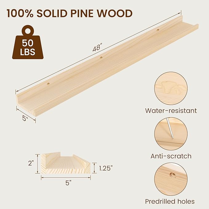 Picture Ledge Shelf, Solid Pine Wood Rustic Floating Shelves for Wall, 48 Inch Long Floating Shelves with Lip for Bedroom Kitchen Living Room Nursery Display, Set of 2 (Natural)