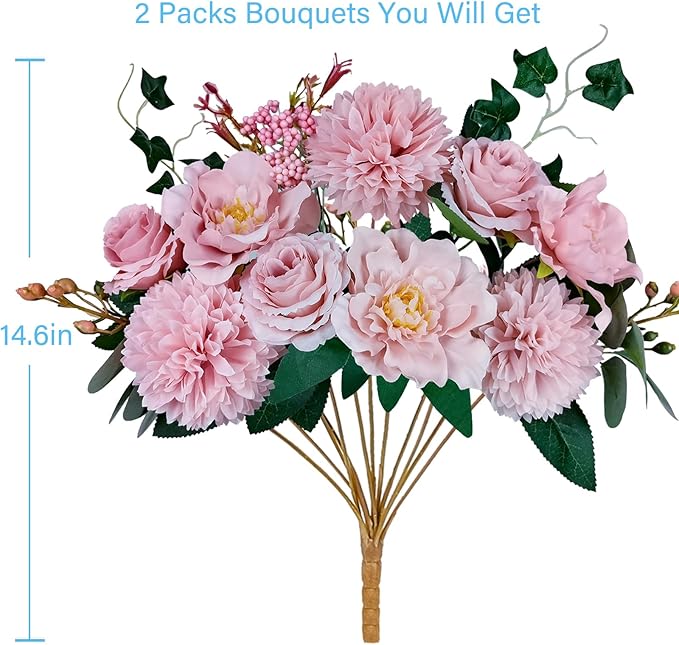 Premium Pink Silk Flower Bouquets, Artificial Chrysanthemums, Fake Flowers Roses Peonies Decoration, Pink Faux Floral Arrangements for Wedding Home Decor Table Centerpieces