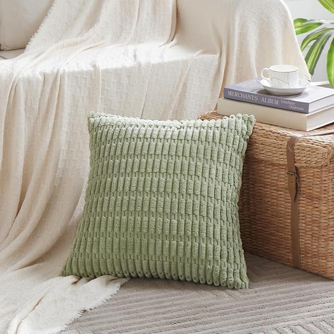 Fancy Homi 4 Packs Sage Green Decorative Throw Pillow Covers 20x20 Inch for Living Room Couch Bed Sofa, Rustic Farmhouse Boho Home Decor Soft Plush Striped Corduroy Square Cushion Case 50x50 cm