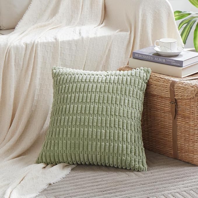 Fancy Homi 4 Packs Sage Green Decorative Throw Pillow Covers 16x16 Inch for Living Room Couch Bed Sofa, Rustic Farmhouse Boho Home Decor Soft Plush Striped Corduroy Square Cushion Case 40x40 cm