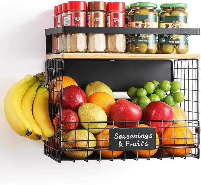 1 SET Strong Magnetic Shelf for Fridge with Tag & Bamboo Top, XXL Large Capacity Magnetic Spice Rack Shelves for Side of Refrigerator, Kitchen Pantry Storage Organizer, Multiuse Food Fruit Veg Baskets