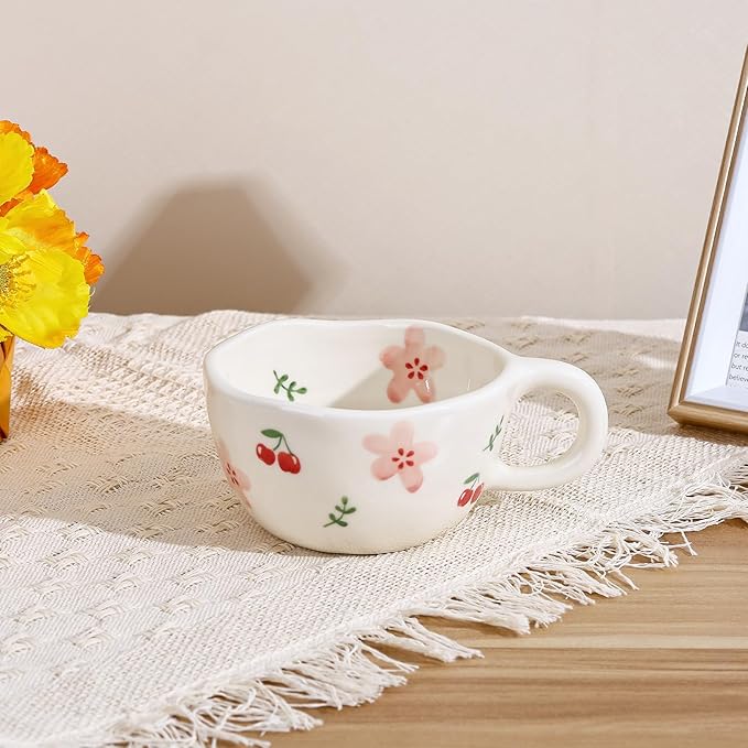 Koythin Ceramic Coffee Mug, Handmade Hot Chocolate Mugs, Cute Cup for Girl Women, Aesthetic Tea Milk Cup with Handle, 8.5 oz/250 ml for Latte, Cocoa, Office, Home (Pink Cherry Flowers)