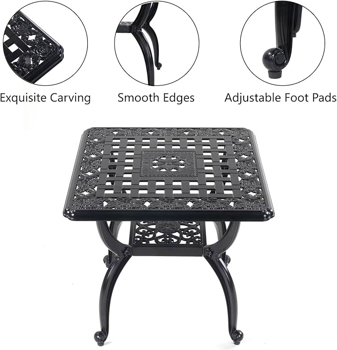 Mandolin Outdoor Patio,Rust -Resistant Cast Aluminum Side Table,Weather Resistant End Table,Coffee Table, Perfect for Patio, Backyard Or Garden. W 20.8" X H18.5(Aluminum Square, Black)