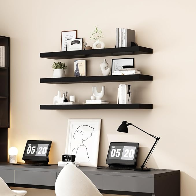 WELLAND 48 inch Black Mission Floating Shelves for Wall, Bathroom Wall Mount Shelves, Wood Modern Display Shelves, Book Shelves,for Bedroom,Living Room and Kitchen