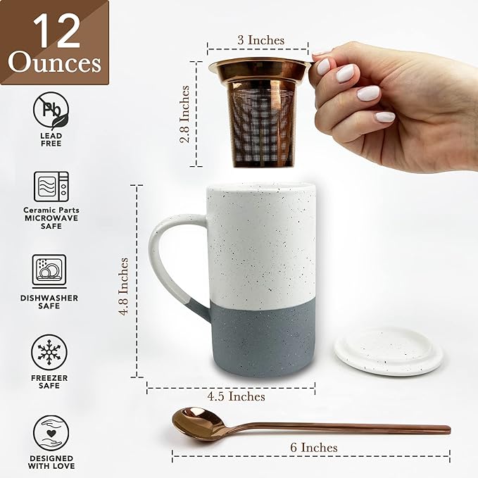 Mora Ceramics Tea Cup with Loose Leaf Infuser, Spoon and Lid, 12 oz, Microwave and Dishwasher Safe Coffee Mug - Rustic Matte Ceramic Glaze, Modern Herbal Tea Strainer - Great Gift for Women, Flint