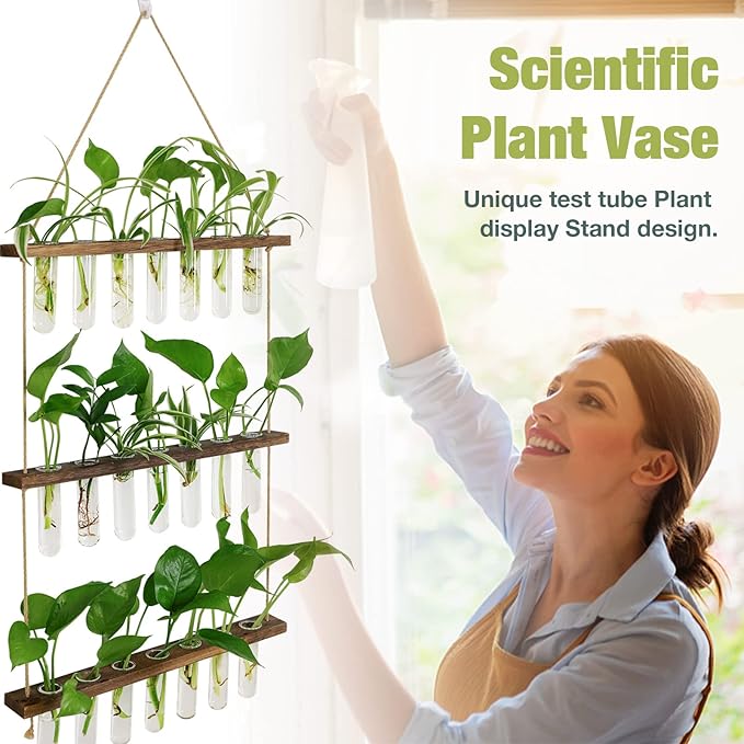 XXXFLOWER Wall Hanging Propagation Station with Wooden Stand 21 Glass Test Tubes 3 Tiered Planters Wall Terrarium for Home Office Plant Hanger Flower Vases Wall Decor Hydroponic Cuttings Brown