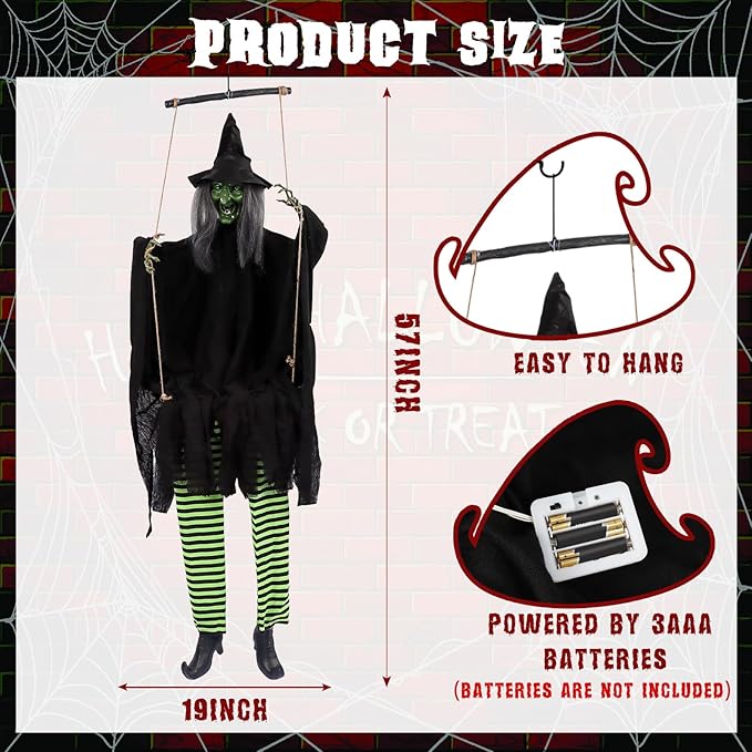 Scary Halloween Decorations Outdoor, Halloween Hanging Swinging Witch with Sound & Slap Activated, Light Up Eyes Creepy Sound Expressions, Large Scary Halloween Decor Props for Indoor Outside