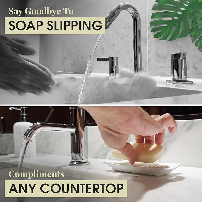 Modern Zen White Soap Dish - 4.9 x 3 Inches - Durable Ceramic Bar Soap Holder with Soap Saver Ridges, Non Slip Feet - Soap Dish for Shower, Bathroom and Kitchen