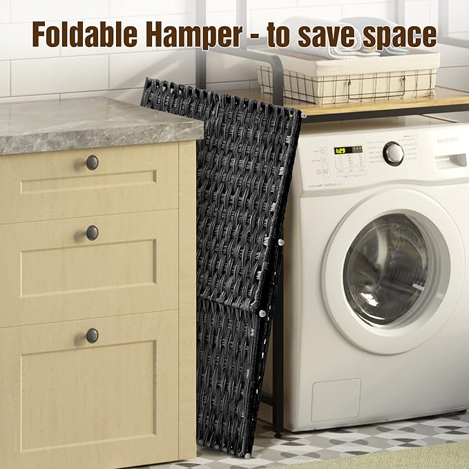 Greenstell Laundry Hamper with Wheels, No Install Needed, 90L Divided Handwoven Hampers & 2 Removable Liner Bags, Synthetic Rattan Clothes Laundry Basket with Lid & Handles, Foldable Hampers Black