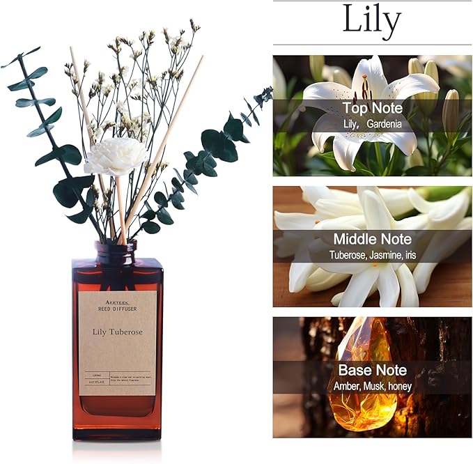 Reed Diffuser Set - Lily Tuberose Essential Oil, 5.07oz/150ml Floral Aroma Oils Scents with Flower Decoration and Rattan Sticks, Home Fragrance for Bedroom Bathroom Shelf Office Room Decor