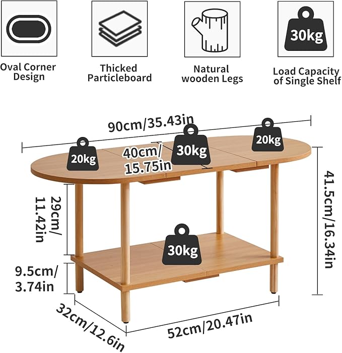 Wooden Tea Table Splicing Design, 2 Tier Coffee Table for Living Room, 35x16x17inch TV Table Stand with Storage Shelf Natural Wood Color YD-011N