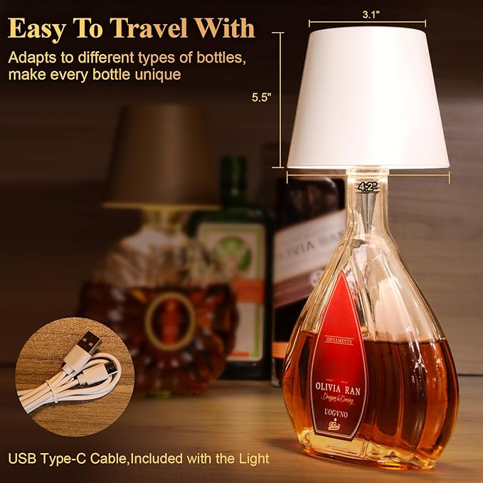Wireless Bottle Lamp Shade,Rechargeable LED Portable Cordless Table Lamp, 3 Colors Stepless Dimming Touch Wine Bottle Lights for Outdoor Bars Dining Bedroom (White)