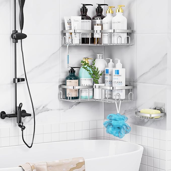 Moforoco Corner Shower Caddy Shelf Organizer Rack, Self Adhesive Black Bathroom Shelves Basket, Home Farmhouse Wall Inside Organization and Storage Decor Rv Accessories, Apartment Essentials