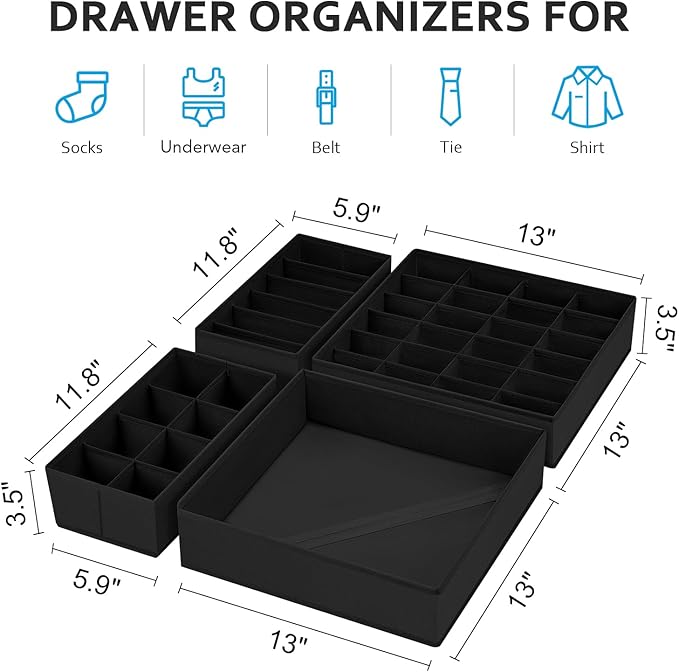 Drawer Organizers for Clothing, Sock Organizer for Dresser Drawer Organizer, Foldable Underwear Organizer for Drawer, Panty Clothing Closet Organizers, Black, Set of 4