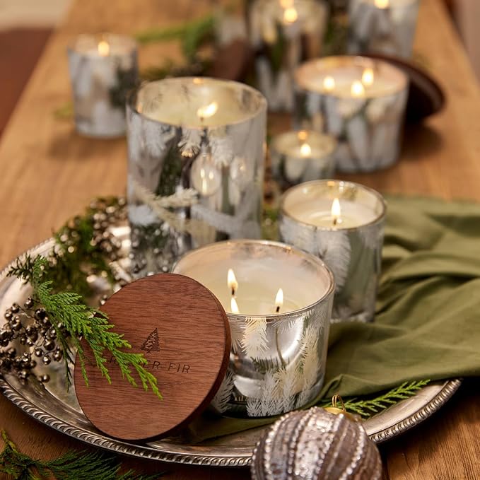 Thymes Frasier Fir Candles - Statement Collection - Silver with Pine Needle Design - Scented Candles for Home Decor - Notes of Siberian Fir Needles, Cedarwood & Sandalwood - Medium Luminary (20 oz)