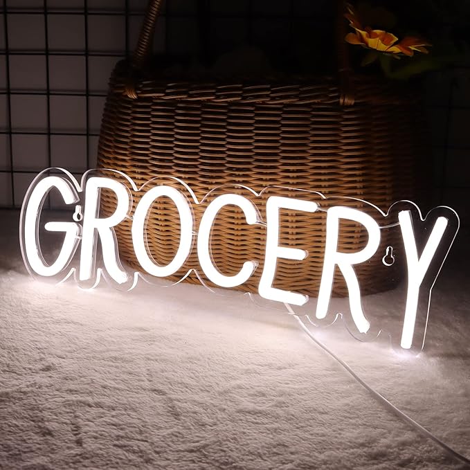 JFLLamp Grocery Neon Signs for Wall Decor Neon Lights for Bedroom Led Business Signs Suitable for Variety Store Groceries Christmas Birthday Party 5V Power Adapter, 16.2 * 4.9 Inch(White)