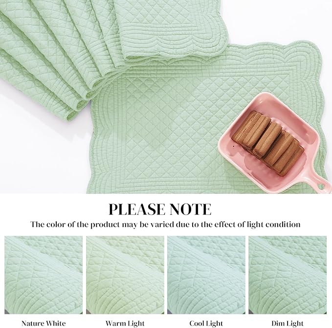 HOMBYS Quilted Placemats Set of 6 Washable-13x18 inches Rectangular Placemats for Kitchen Table-100% Cotton Fabric Rectangular Table Mats, (Sage Green)